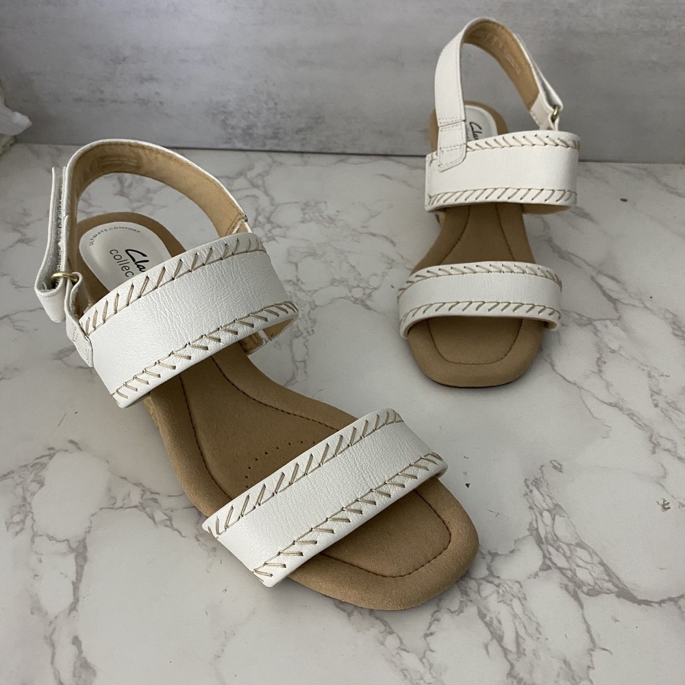 2/$30 Clarks Sandals Sz 8 White Open Toe Wedge Summer Spring Comfort